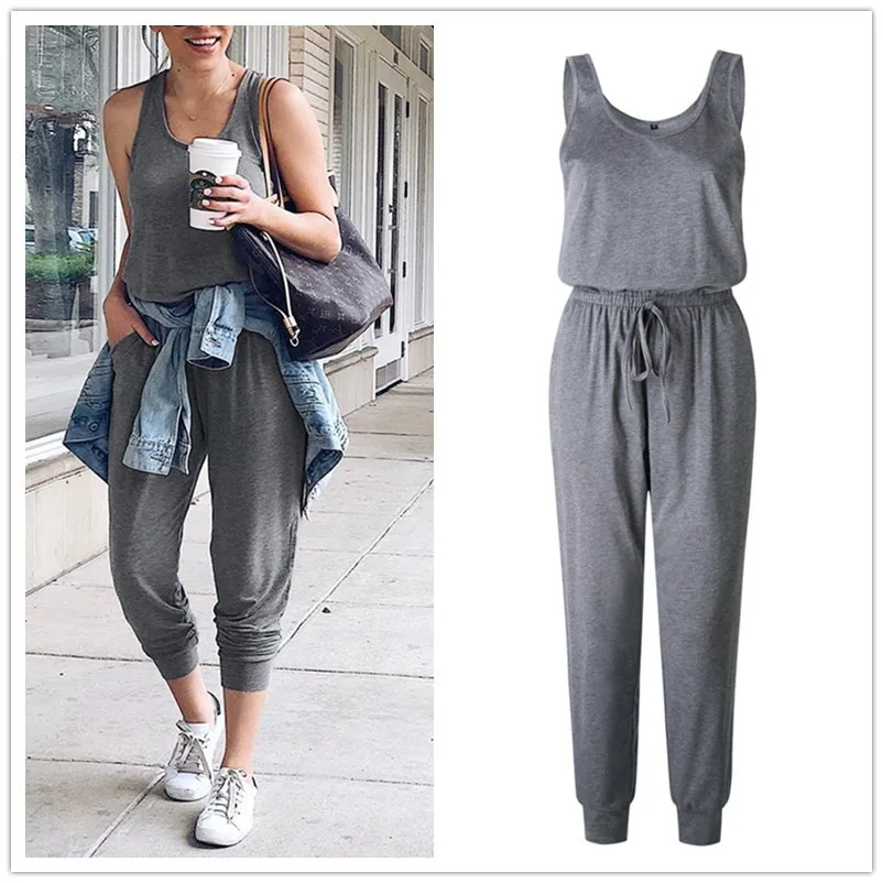 New Arrival Sexy Off Shoulder Sleeveless Lace Up Belts Jumpsuits Summer Women Solid Casual Pockets Long Rompers Women Jumpsuits