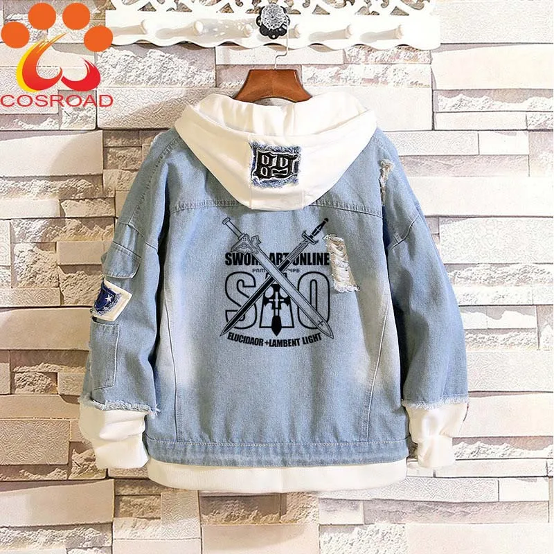 Cosroad Anime Sword Art Online Jeans Jacket Cosplay Denim Jacket Spring Autumn SAO Hooded Sweatshirt Men Women Outwear Coats