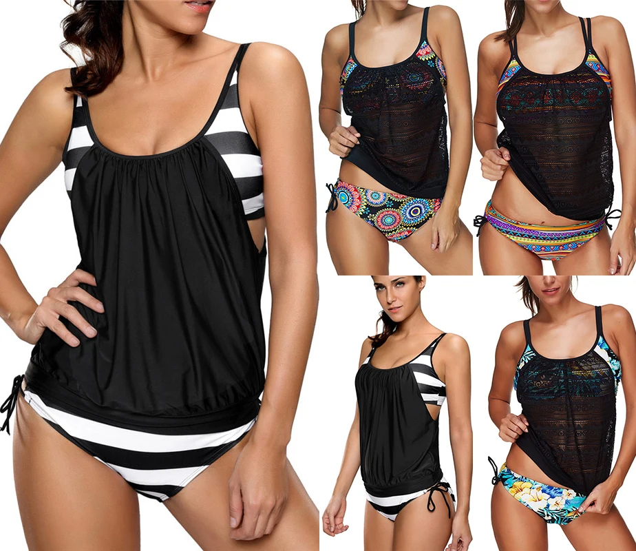 

TONY Sexy Women Floral Print Tankini with Boyshort Bottom Two-pieces Sporty Swimsuits Push up Mesh Swimwear Plus Size