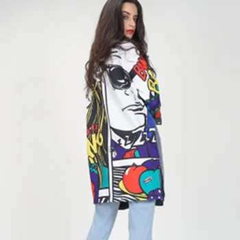 

FJUN NEW Casual Patchwork Denim Jacket Women Lapel Printed Long Jacket Coat Big Size Loose Hip-hop Chaqueta Mujer Jaqueta