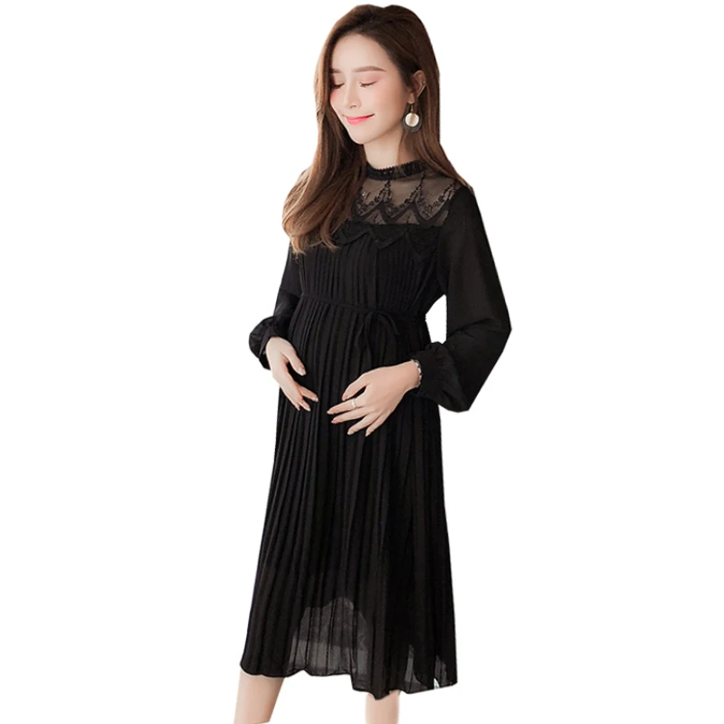 

Maternity Lace Chiffon Patchwork Midi Long Dresses for Pregnant Women Plus Size Dress Pregnancy Spring Elegant Fashion Clothes