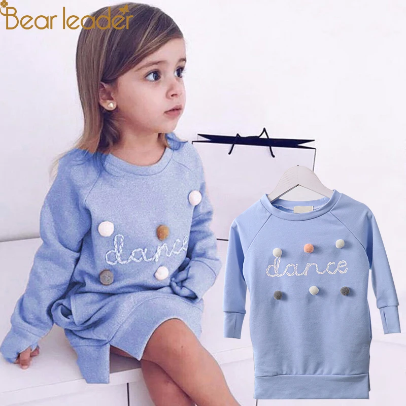 Bear Leader Autumn Winter Cartoon Letter Embroidery Sweatshirt Girl Fashion Long Hoodie Dress Pullover Moletom Feminina 2-6T