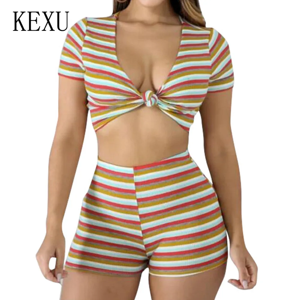 

KEXU Sexy Women Stripe Two Pieces Sets Jumpsuits Hollow Out Crop Top and Slim Pants Sets Party Clubwear for Ladies Playsuits