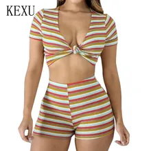 KEXU Sexy Women Stripe Two Pieces Sets Jumpsuits Hollow Out Crop Top and Slim Pants Sets Party Clubwear for Ladies Playsuits KEXU Sexy Women Stripe Two Pieces Sets Jumpsuits Hollow Out Crop Top and Slim Pants Sets Party Clubwear for Ladies Playsuits