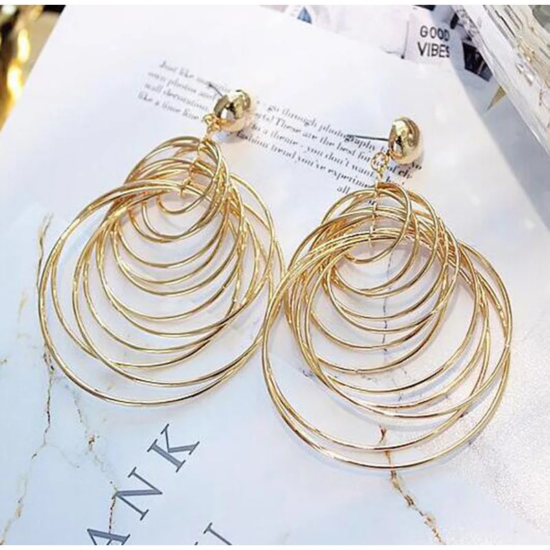 

Long Gold Color Drop Dangling Earrings for Women 2019 Statement Geometric Earrings Big Round Circle Tassel Metal Earring Jewelry