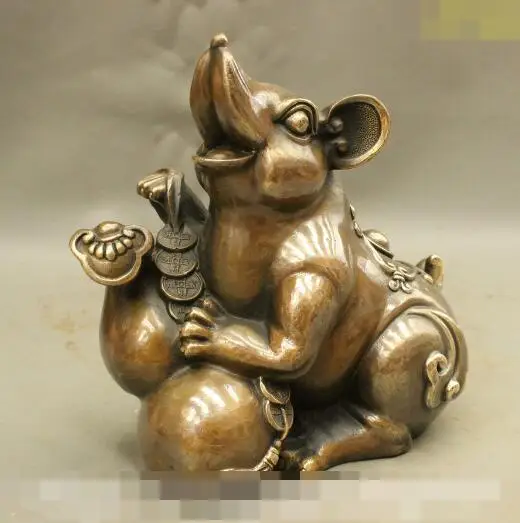 

S02009 8" China FengShui Bronze Copper Wealth Coin Zodiac Mouse Gourd Statue Sculpture (B0413)