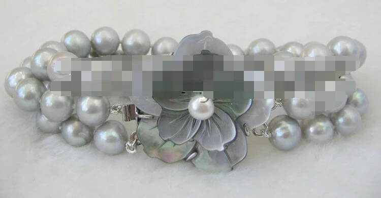

0753 3row gray round freshwater pearl bracelet-shell clasp