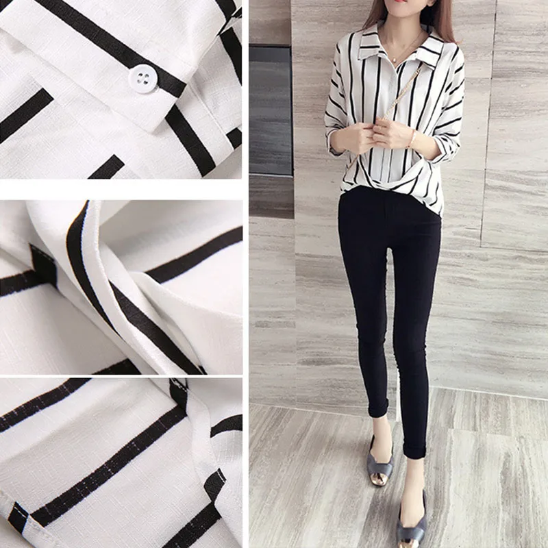 

New Arrival Women Lady Top Shirt Blouse Seven Quarter Sleeve Stripe Fashion Clothing For Autumn