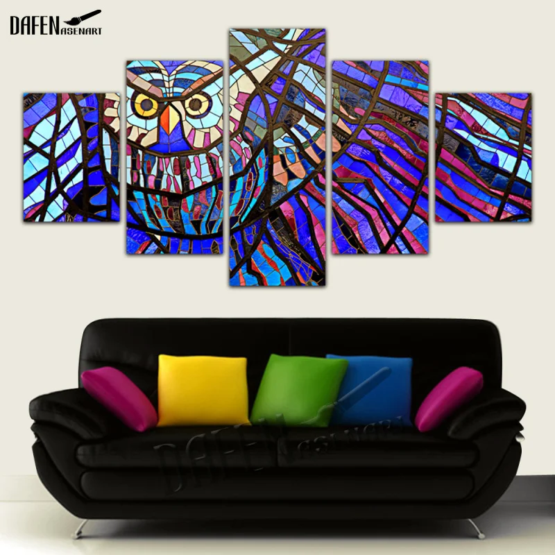 5 Panel Modern Cetak Kanvas Lukisan Warna Warni Burung Hantu