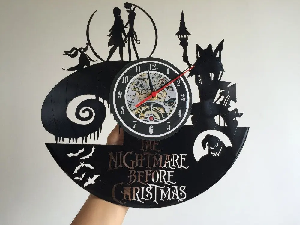 Lovinland Wall Clock Vintage 30cm 12 inch Jack and Sally Nightmare Before Christmas Vinyl Record CD Wall Clock 3D Antique Clock 4