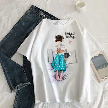 

Girl reading book Women's 2019 new fashion print T-shirts clothes summer O-neck T shirts casual Aesthetic Harajuku shirt Tshirts