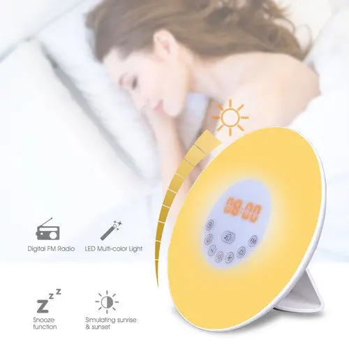 DEWEL Touch Sensing Digitalen Wecker Sunrise Sunset FÜHRTE Wake Up Lichter Mit FM Radio Bunten Licht Schlummermodus Natur Sound