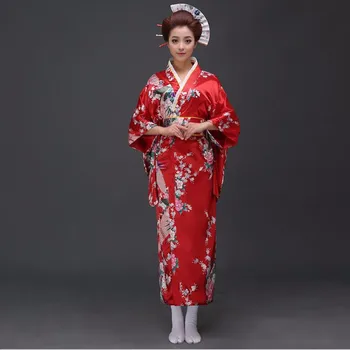 

Red peafowl Japanese Kimono Women's Polyester Satin Kimono Yukata Evening Dress Haori Kimono With Obi One Size