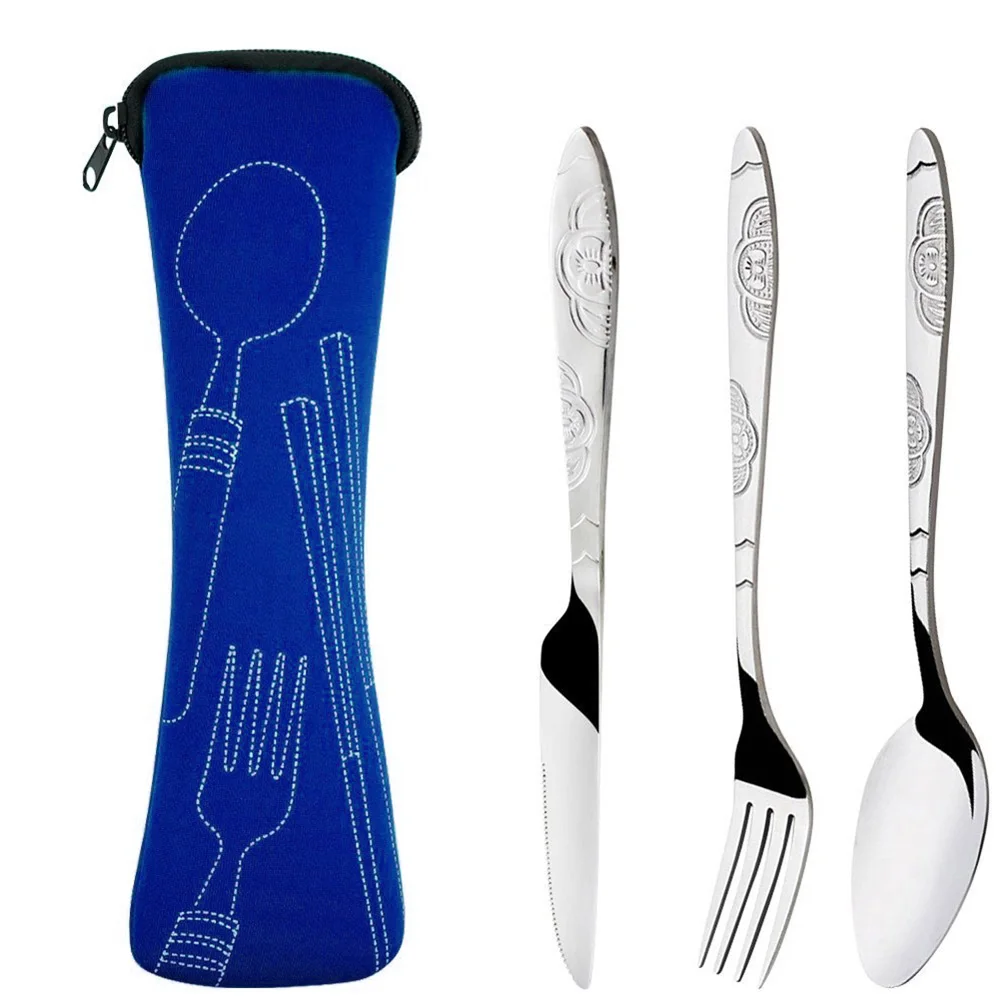 3 шт./компл. Портативный Кемпинг столовые приборы посуда резак/ложка/вилка с сумкой в комплекте - Цвет: Dark Blue