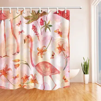 

Watercolor Drawings of Flamingo Birds with Butterflies Bath Curtain, Polyester Fabric Waterproof Shower Curtain