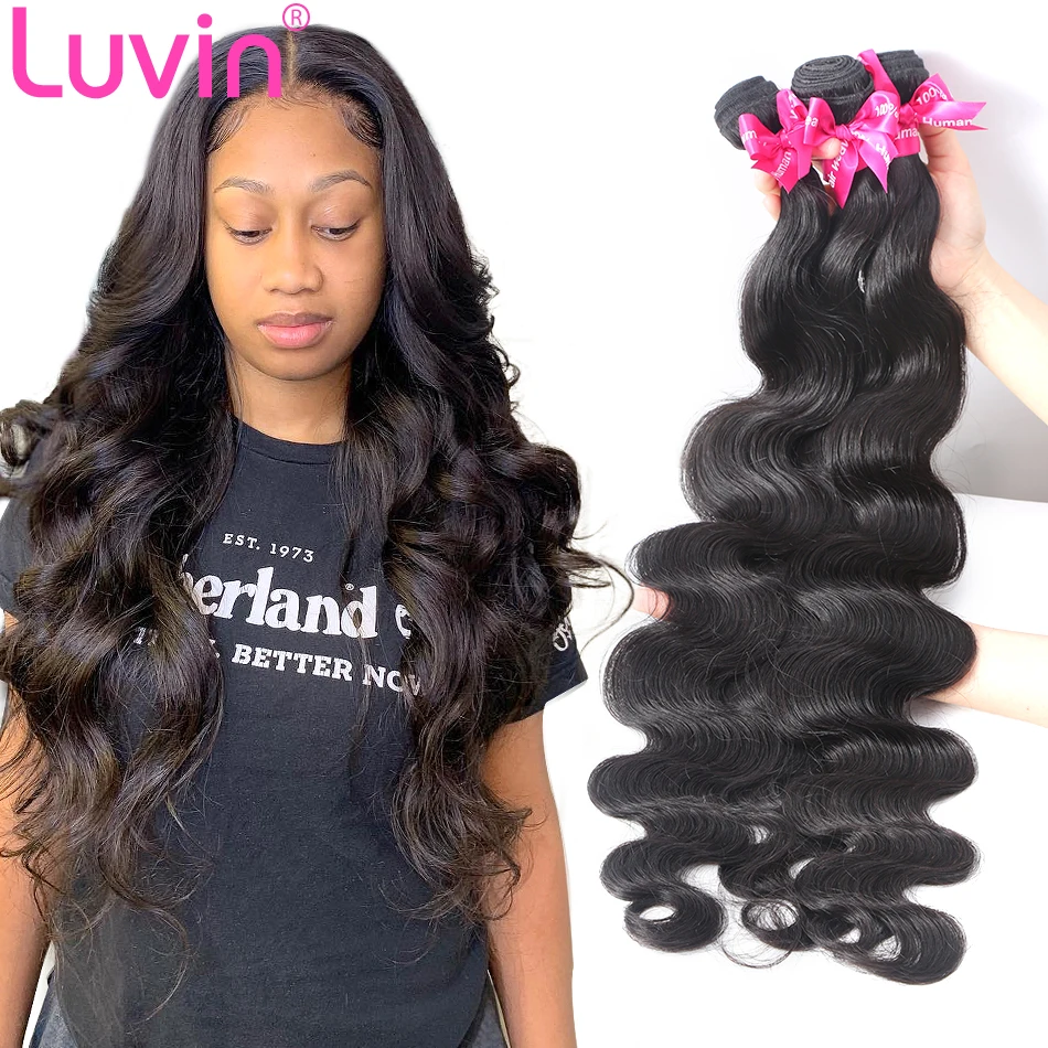 

Luvin Brazilian Hair Weave 3 4 Bundles Body Wave Virgin Hair Weave 100% Unprocessed Human Hair Extensions 30 Inch Natural Color