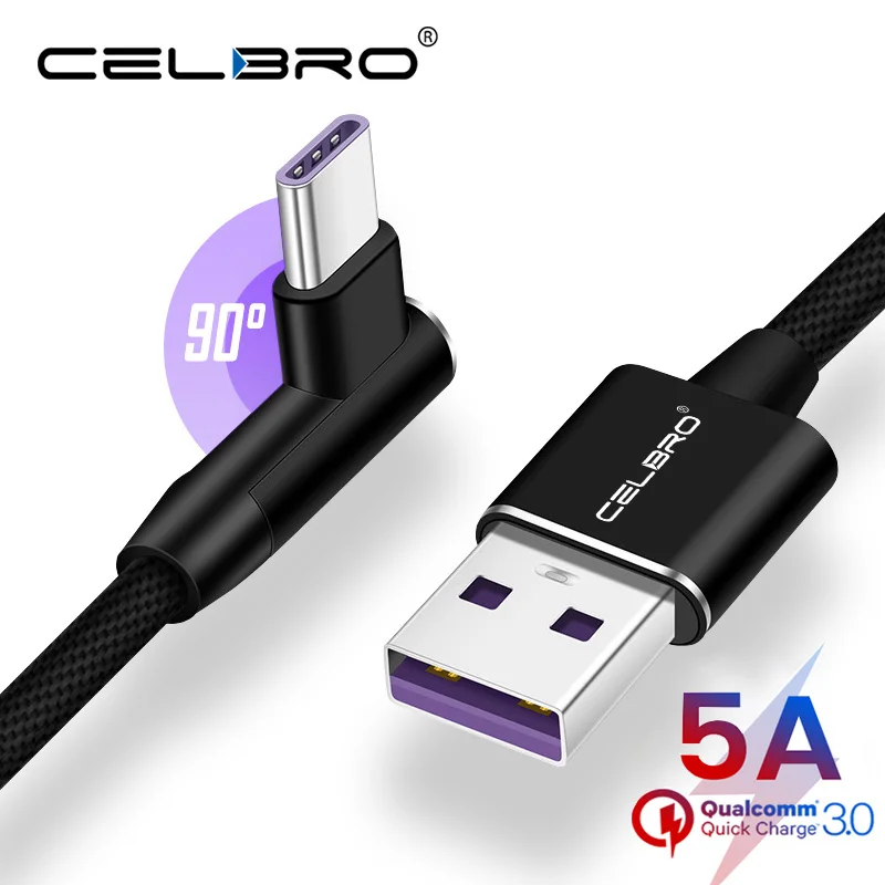 

5A USB Type C Cable 90 Degree Fast Charging Cable Qc3.0 for Samsung Galaxy Note 9 8 A8 A9 2018 Xiaomi Mi8 Sony 2 Meter Usb Cabel