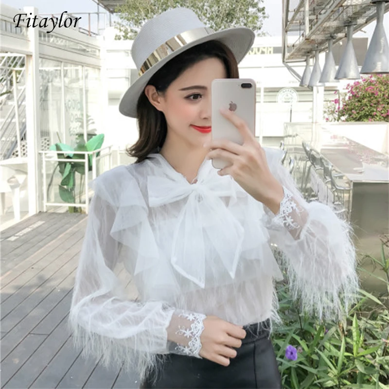 

Fitaylor Spring Women Tassel Shirt 2019 Office Lady Lace Splicing Long Sleevees Bowknot Women Tops