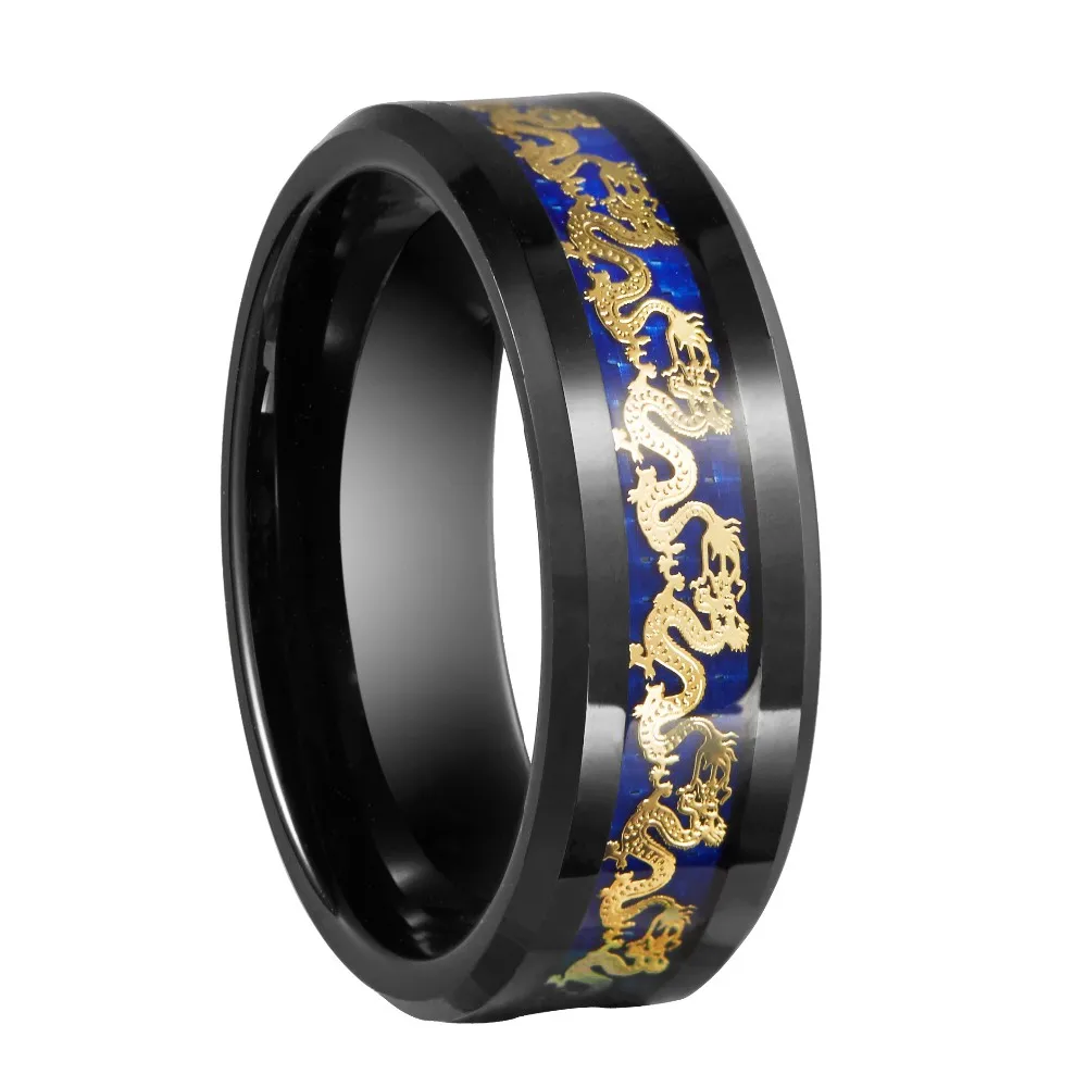 Queenwish 8mm Black Tungsten Carbide Ring Gold Dragon Blue Carbon Fibre Inlay Mens Wedding Bands Jewelry