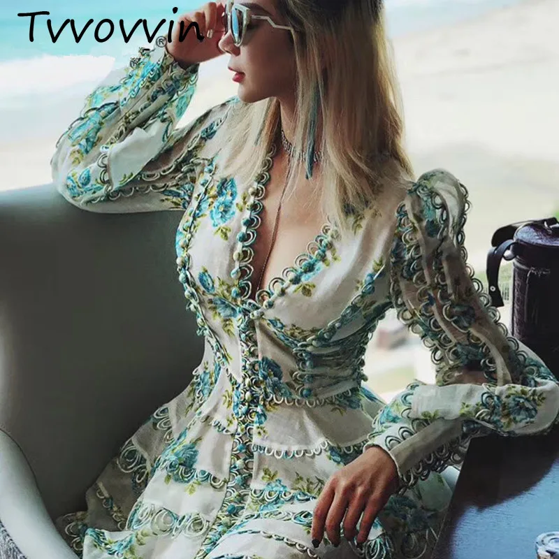 

Europe Runway Designer Dress 2019Women's High Quality Puff Sleeve Sexy V-neck Floral Printed Embroidery Button Resort Dress V764