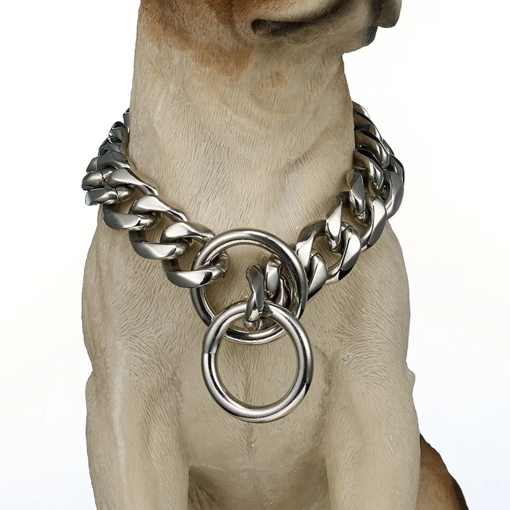 

19mm wide 12-34 inch Silver/Gold/Black Curb Cuban Necklace Rombo Chain Link 316L Stainless Steel Dog Chain Collar