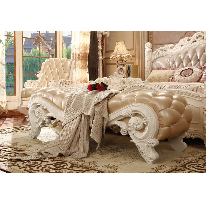 الحديثة العتيقة الطراز الأوروبي أثاث غرفة نوم الصلبة الخشب نحت جلدية مقاعد البدلاء نهاية السرير البراز