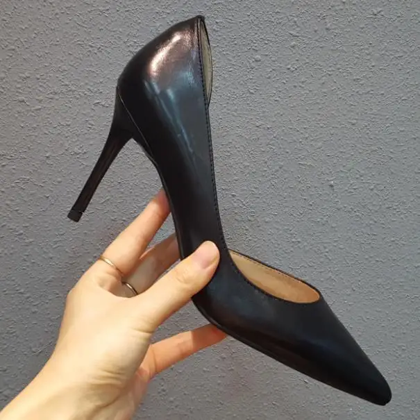 SANLUME/женские пикантные туфли из натуральной кожи на высоком каблуке; классические модельные туфли-лодочки; женские свадебные туфли телесного цвета с острым носком внутри из овечьей кожи - Цвет: 9cm Black