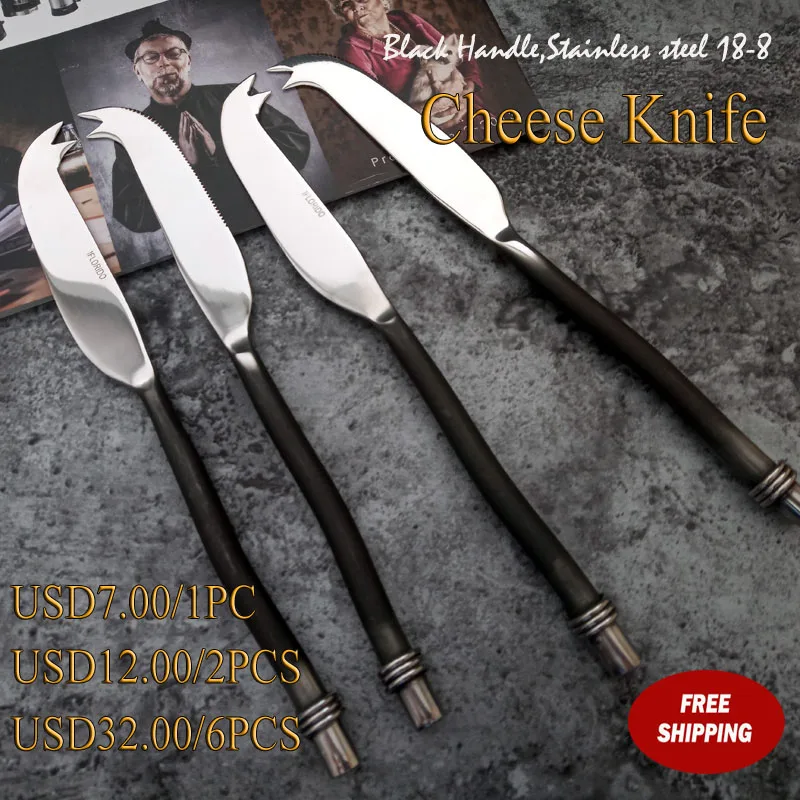 Free shipping High quality Black handle Stainless steel cheese knife,18 8,hot saleknives free