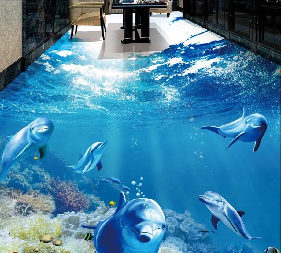 カスタム 3d 床タイル現代の 3d 床熱帯魚イルカ自己粘着防水床の壁紙 3 D Floor Wallpaper Wallpaper For Wallsmodern 3d Aliexpress