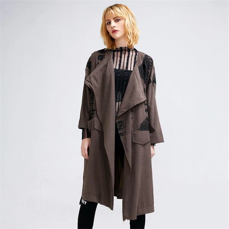 

Women Coat Autumn large size Long Sleeve Personality Printing Coat Casual Drawstring Slim Waist Female Loose Vintage Outerwear