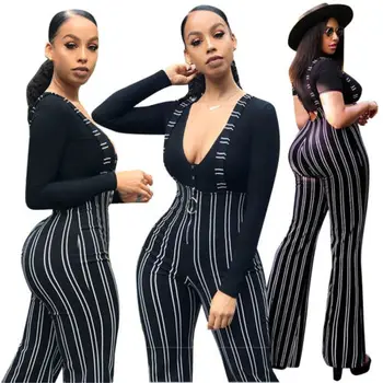 

Newly Women Clubwear Wide leg Pants Overalls Zipper Bodycon High Waist Party Striped Fahsion Suspender Flared Trousers