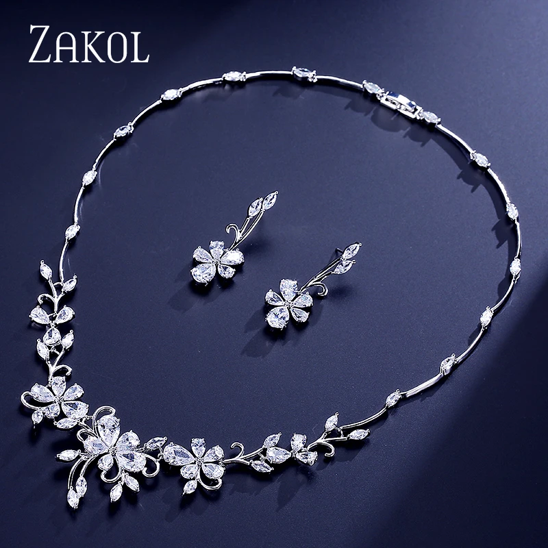 

ZAKOL Exquisite Flower Plant Shape Zircon Jewelry Set Elegant Women Earrings Necklace For Best Gift FSSP305