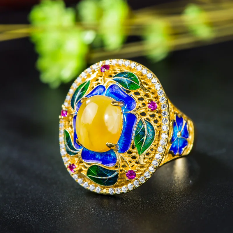 

Retro Silver Jewelry S925 Sterling Silver Cloisonne Natural Beeswax Gems Peony Flower Women Open Ended Ring Wholesale