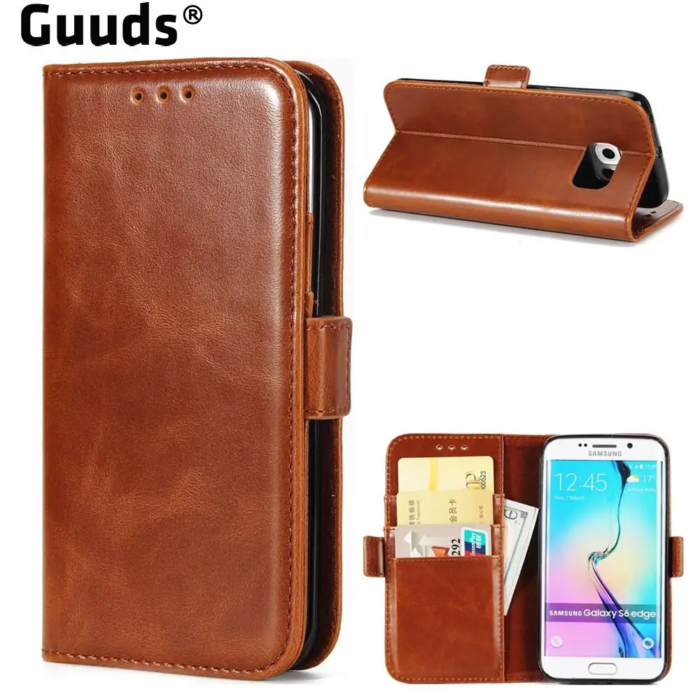 Luxury Crazy Horse PU Leather Wallet Case for Samsung Galaxy S6 Edge G925 - Brown