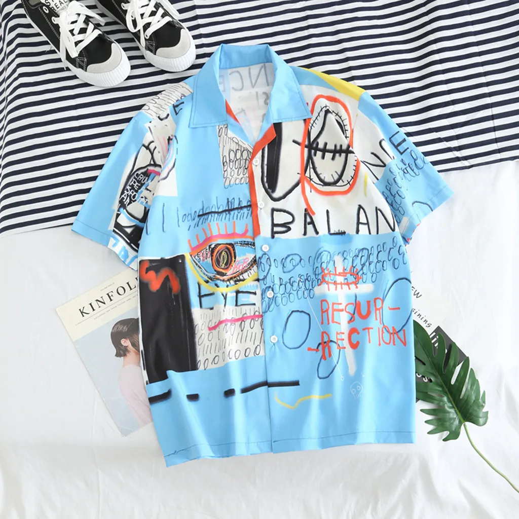 2019 мужская Свободная рубашка в стиле хип-хоп Harajuku Японская Ukiyo E аниме рубашка с коротким рукавом Гавайская рубашка Повседневная Уличная