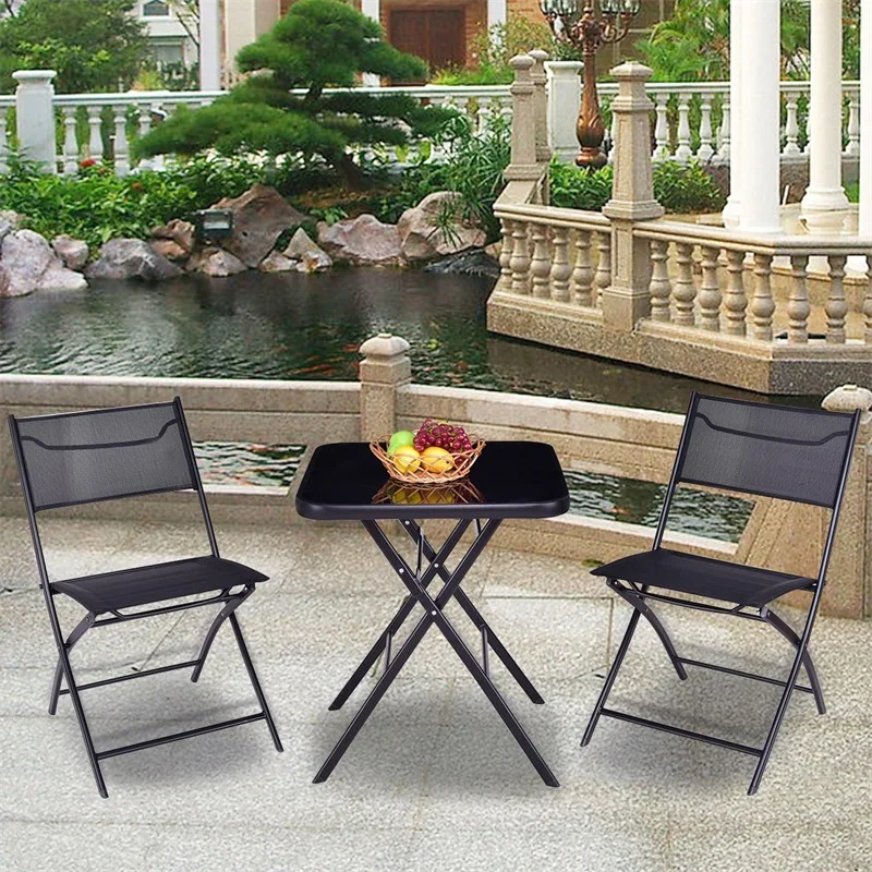 

High Quality Outdoor Patio 3 Pieces Folding Square Reinforced Glass Table Chair Suit Set Durable Steel Construction HW56172