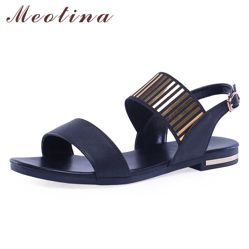 

Meotina Summer Sandals Women Shoes Natural Genuine Leather Buckle Flat Shoes Metal Decoration Open Toe Sandals Ladies Size 3-12