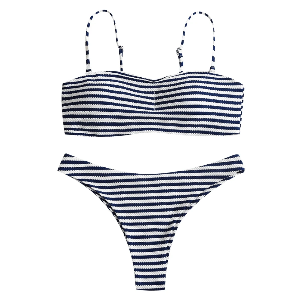 

Textured Bikini 2018 Stripe Print Women Swimwear Bandeau Top striped Bikinis Set Sexy Girl Swimsuit Thong Bathing Suits