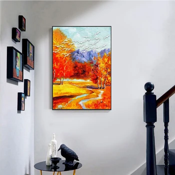 Billig Abstrakte Orange Herbst Maple Leaf Country Road Leinwand Klassische Print Poster Kunst Wand Bild Für Wohnzimmer Helle Tableau Salon