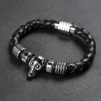 

10pcs/Lot Trendy Black Genuine Braided Leather Bracelets Men Skull Stone Stainless Steel Leather Bracelets&Bangles Men Jewelry