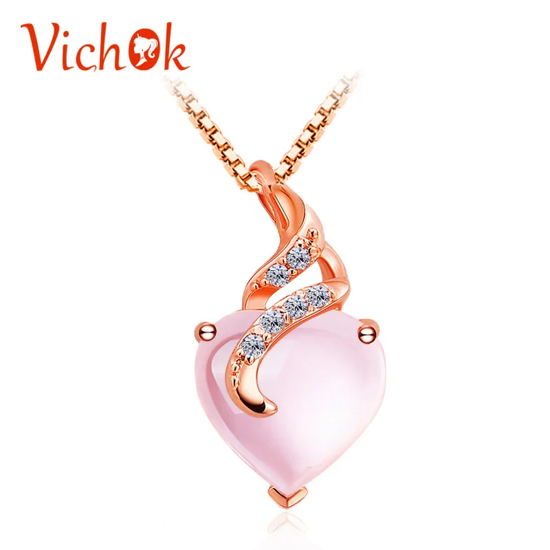 

VICHOK Natural Hibiscus Stone Heart Pendant Necklaces Cute Heart Charms Pendant Women Wholesale Rose Gold Powder inci kolye