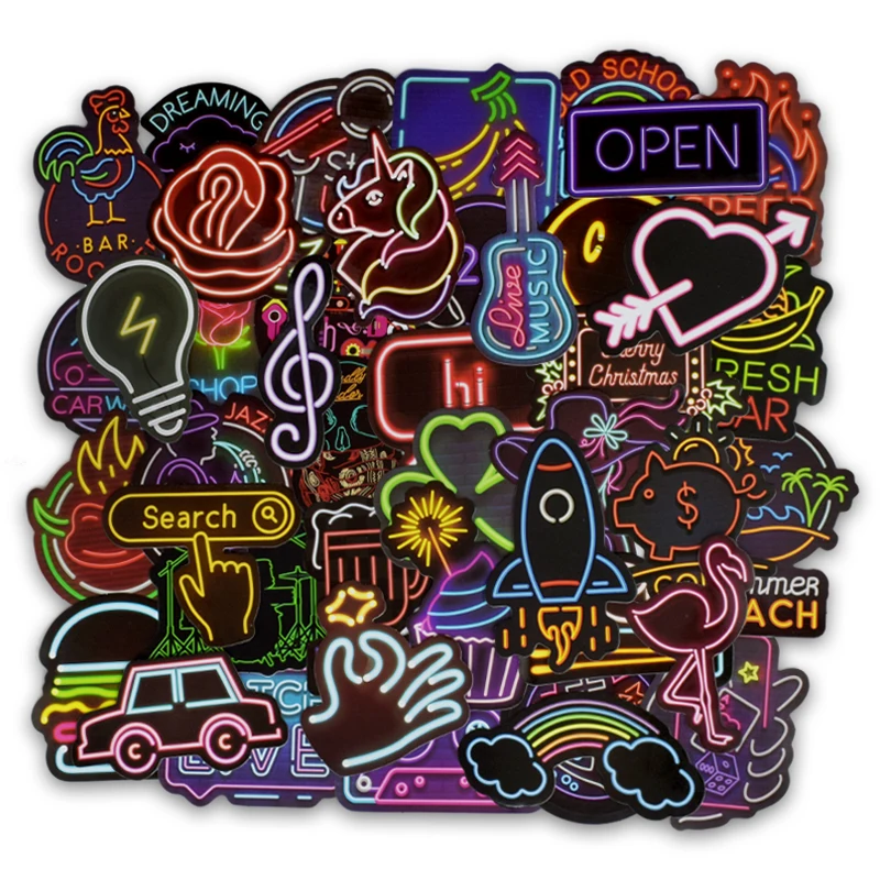 

50 PCS Neon Light Sticker Anime Icon Animal Cute Decals Stickers Gifts for Children to Laptop Suitcase Guitar Fridge Bicycle Car