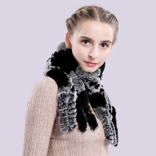 black and grey Новинка, Женский вязаный настоящий брелок с мехом кролика Рекс, шарфы, теплый модный настоящий мех кролика, шарф, женские шарфы из меха кролика рекс - Цвет: black and grey