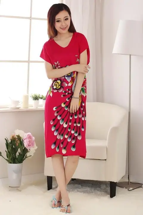 Новое красное женское летнее домашнее платье с принтом павлина, Женский хлопковый Халат с коротким рукавом, ночная рубашка, одежда для сна, платье-кафтан, один размер, A-138