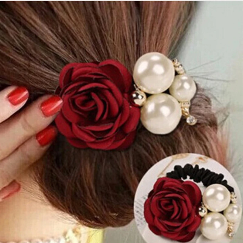 

iMucci Fashion Women's Hair Ties with Faux Pearls Satin Ribbon Scrunchie Rose Flower Headband Ponytail Holder Hair Band girls
