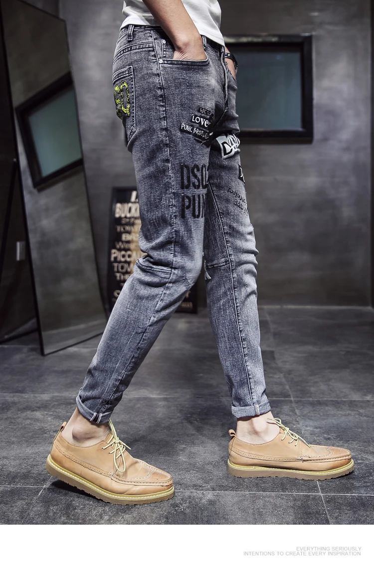 Лето 2019 г. новый тонкий срез упругие силы печати джинсы для женщин мужской горячий эластичная манжета брюки девочек уличная хип хоп