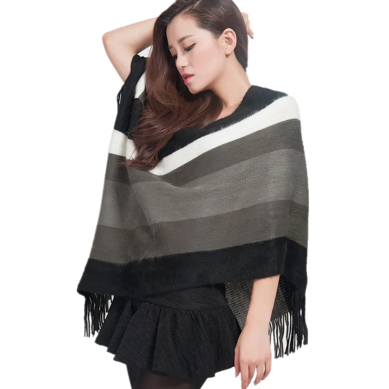 Luxury Solft Faux Fur Women's Poncho Tassel Striped Shawl Winter