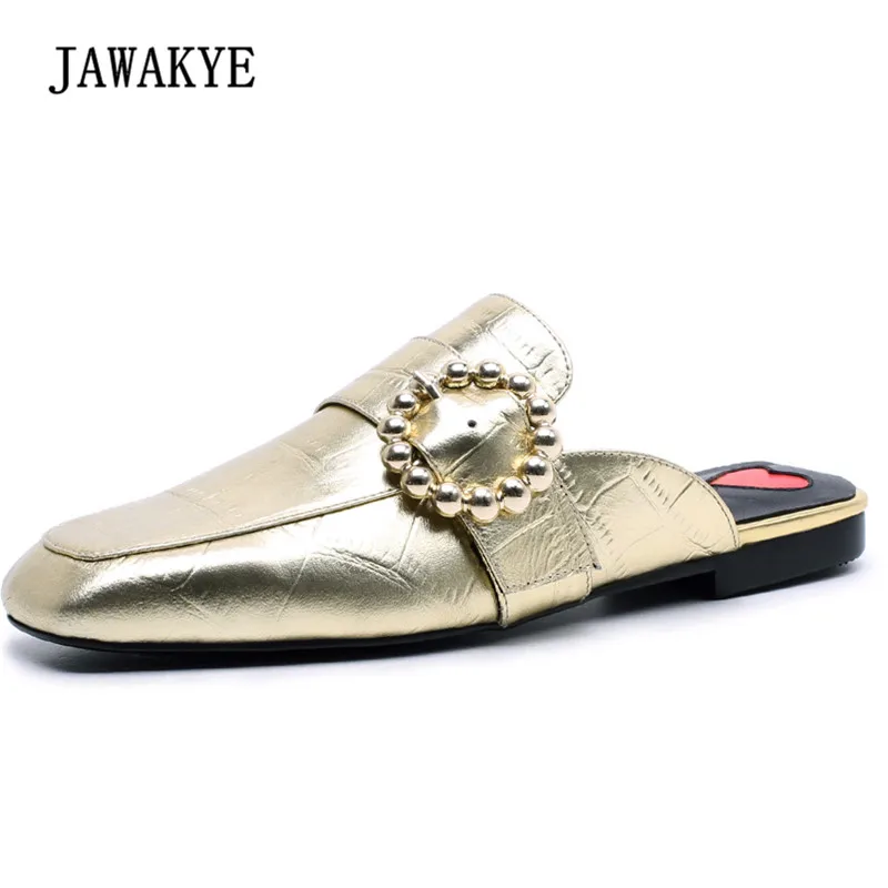 

Newest Gold Leather Lazy Muller Shoes Women Square Toe Metal Buckle Flat Shoes Lady Fashion Slipper Gladiator Sandals