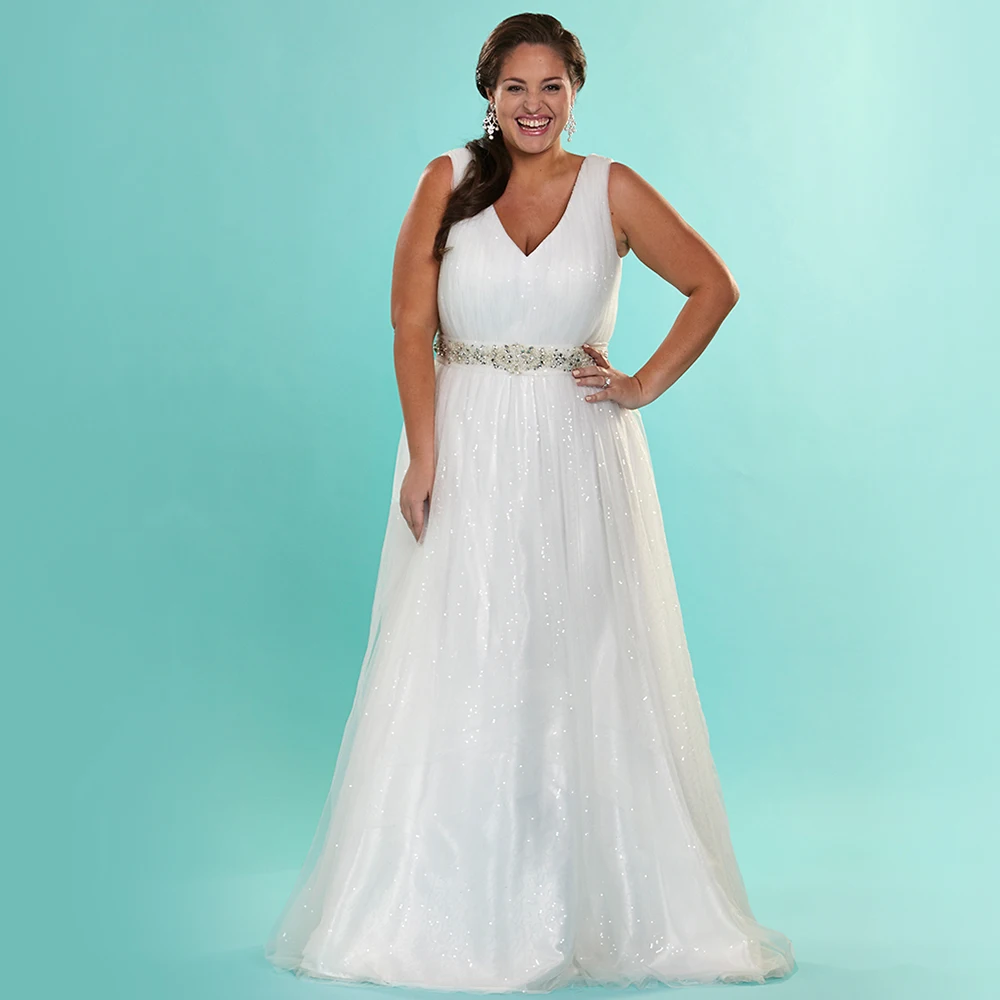 Shinning Beaded Sequin Plus Size Wedding Dresses V Neck Wedding Dress