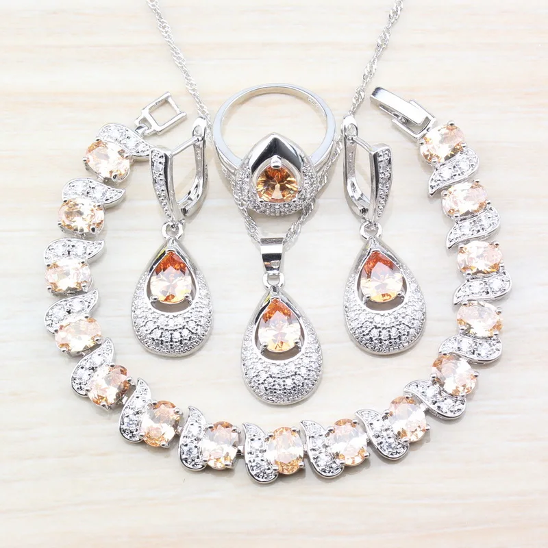 

Wedding Jewelry Sets 925 Silver Women Costume Champagne With Natural Stone Necklace And Earrings With Crystal Sets